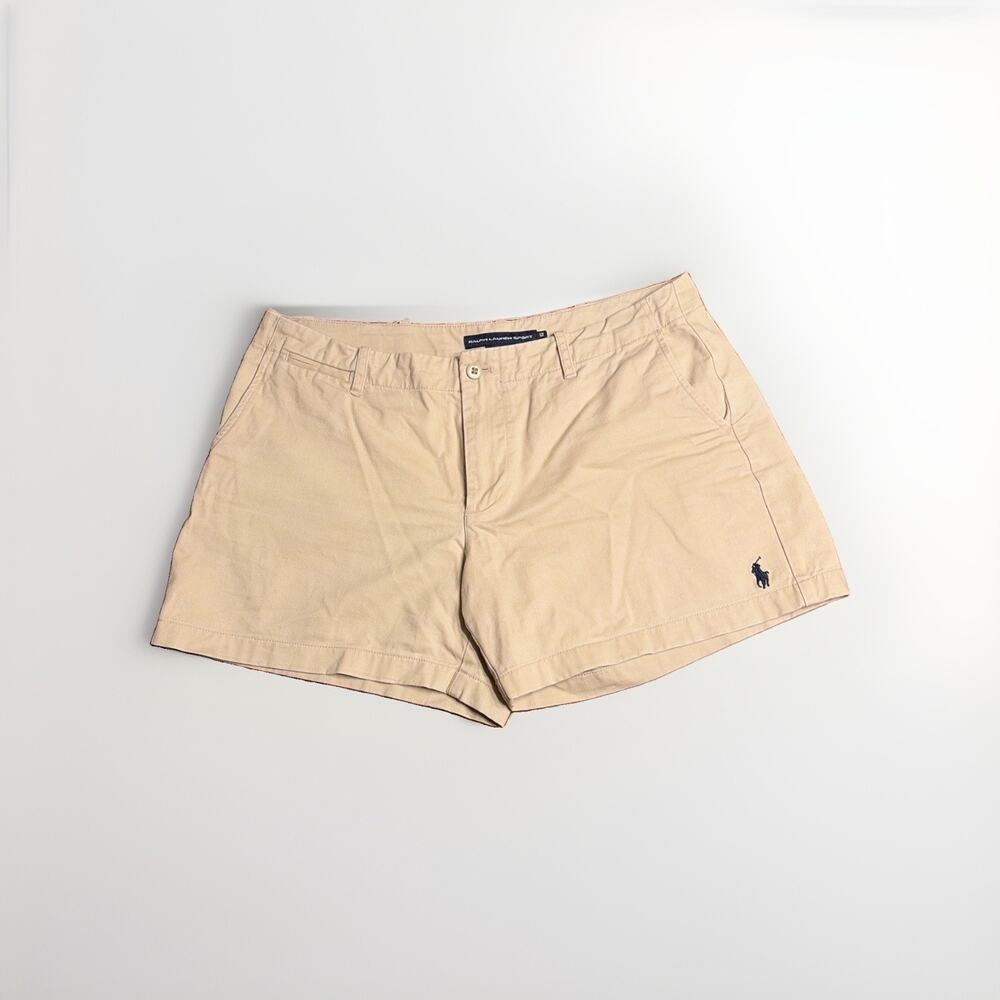 Ralph Lauren Sport Shorts Khaki Tan Chino Women Sz 12 Cotton 5" Inseam Flat Zip